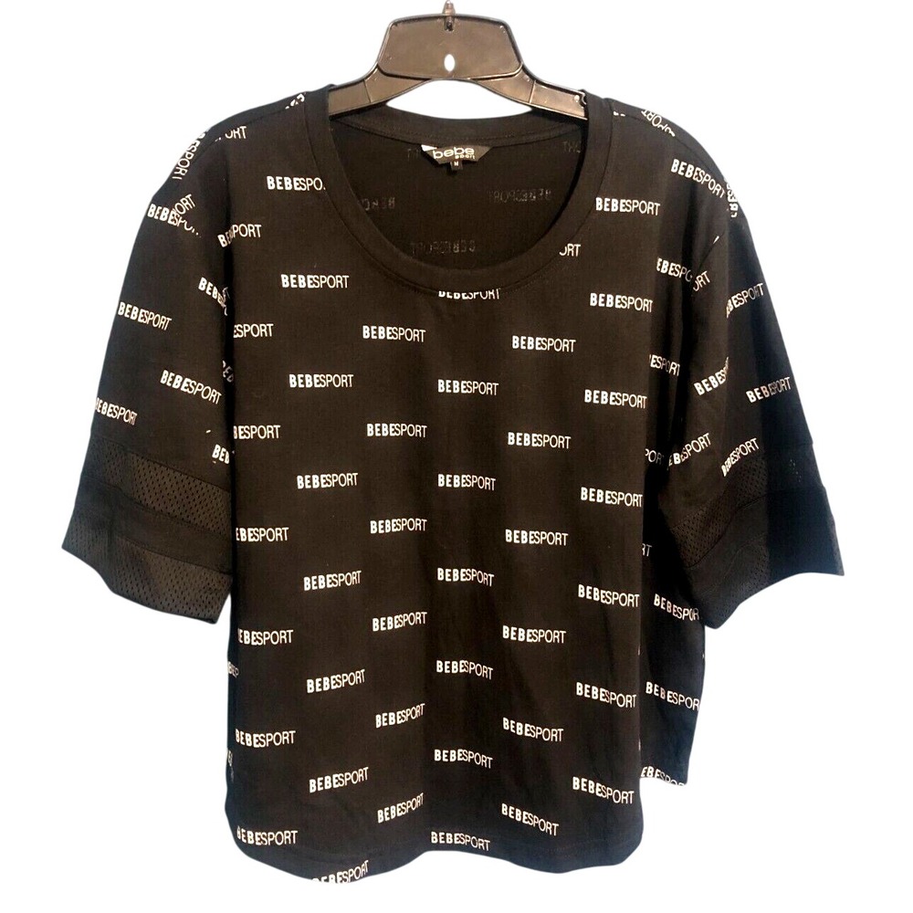 VTG BEBE SPORT Black/White Knit SPELL-OUT CROP TOP Mesh Sleeves T-Shirt/Top M